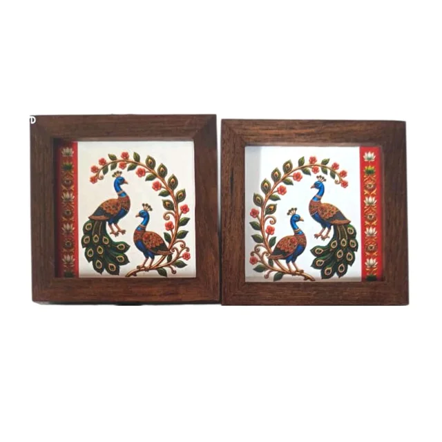 Teakwood Coasters / Mini Wall Frames-Set Of 4 Pieces- Madhubani Style Peacock & Floral Folk Art - 4 pieces