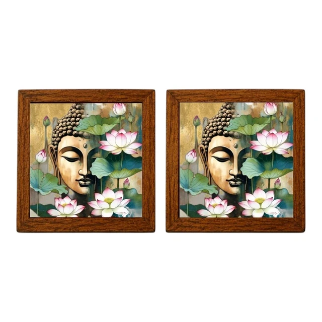 Teakwood Coasters / Mini Wall Frames-Set Of 4 Pieces- Buddha & Lotus - 4 pieces