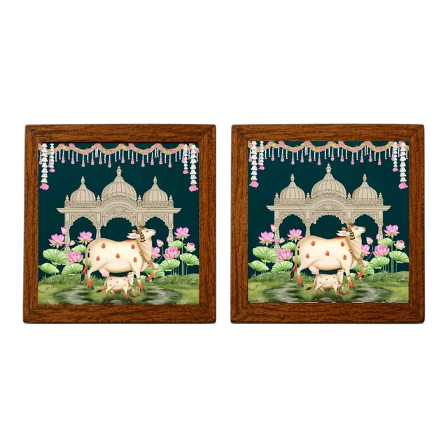 Teakwood Coasters / Mini Wall Frames-Set Of 4 Pieces- Pichwai Style Sacred Cow & Calf With Lotus - 4 pieces