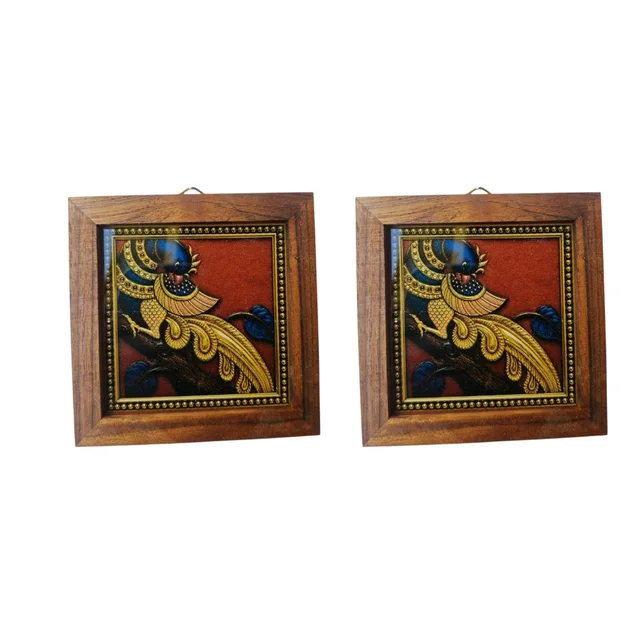 Tanjore Painting Style Teakwood Coasters / Mini Wall Frames-Set Of 4 Pieces- Peacock - 4 pieces