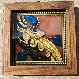 Tanjore Painting Style Teakwood Coasters / Mini Wall Frames-Set Of 4 Pieces- Peacock - 4 pieces