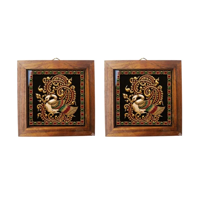 Tanjore Painting Style Teakwood Coasters / Mini Wall Frames-Set Of 4 Pieces- Annapakshi - 4 pieces