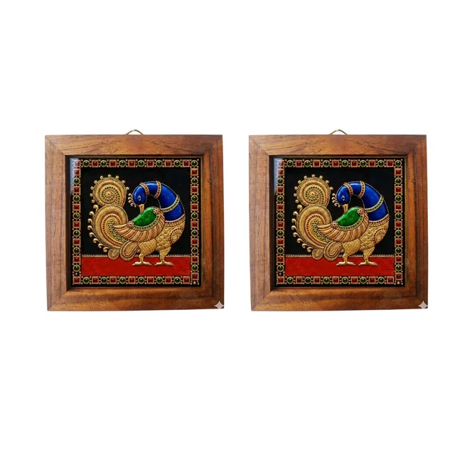 Tanjore Painting Style Teakwood Coasters / Mini Wall Frames-Set Of 4 Pieces- Peacock - 4 pieces