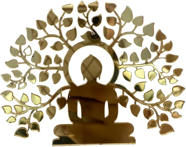 Golden Acrylic Buddha Under Tree - 4 Inches