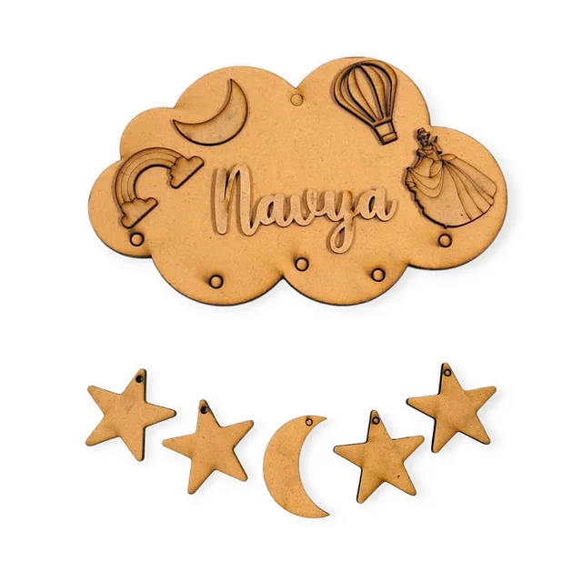 Princess Cloud Name Board with Hanging Moon Star For Girl