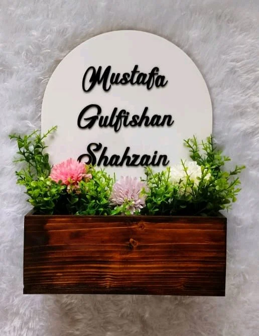 White Acrylic Nameboard with Pinewood Planter Box