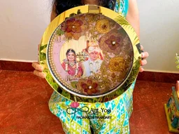 Round Plate With Golden Acrylic Border Ring Baby Keepsake Frame - 15 Inches, Depth - 18mm