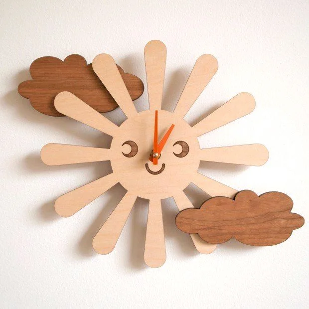 Laser Cut Wooden Happy Sun Clock For Kids Room