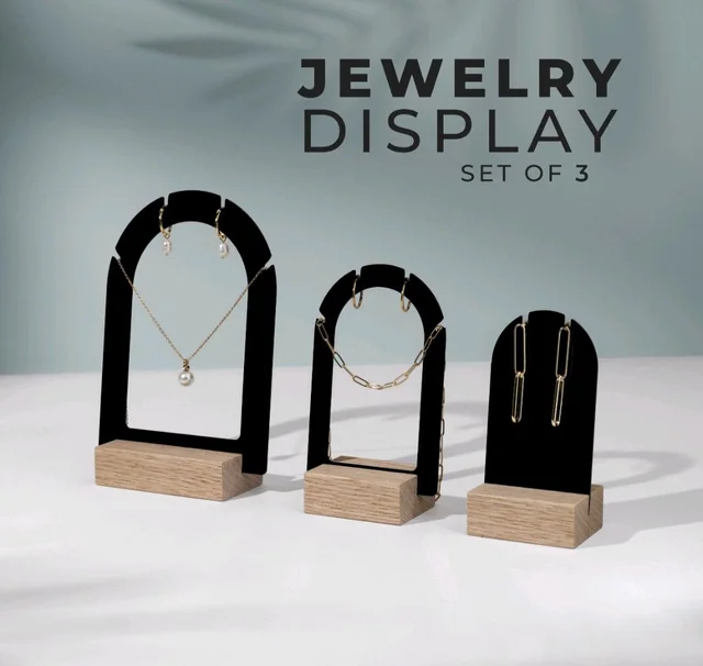 3 Pack Acrylic Jewelry Display With Pinewood Base - Black acrylic