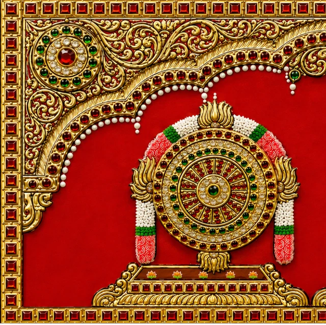 Teak wood frame-Tanjore style painting Balaji theme Shanku Chakra Namam - 24 x 9.5 Inches