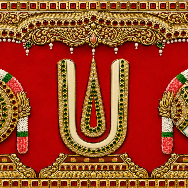 Teak wood frame-Tanjore style painting Balaji theme Shanku Chakra Namam - 24 x 9.5 Inches