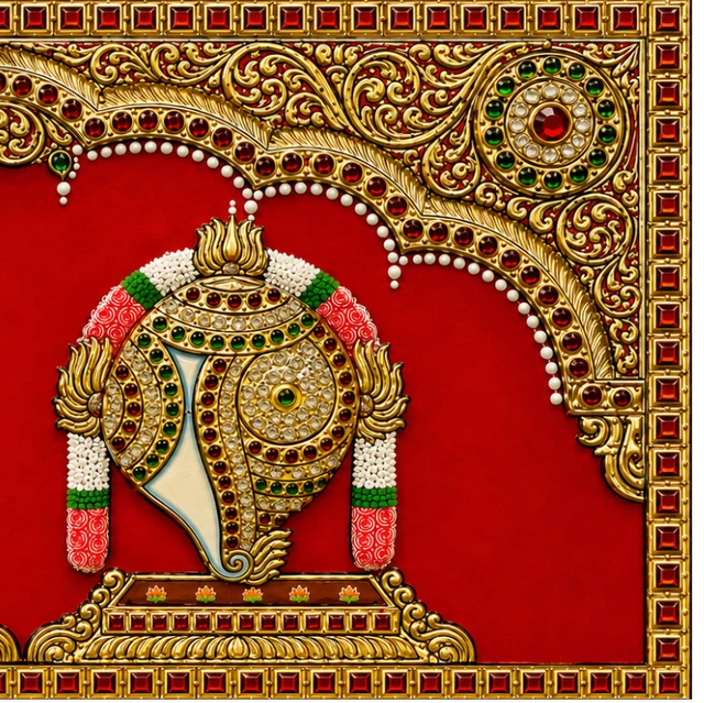 Teak wood frame-Tanjore style painting Balaji theme Shanku Chakra Namam - 24 x 9.5 Inches