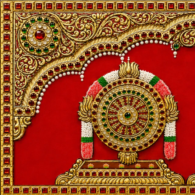 Teak wood frame-Tanjore style painting Balaji theme Shanku Chakra Namam - 18 x 7 Inches