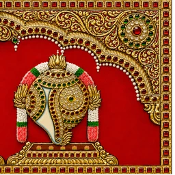 Teak wood frame-Tanjore style painting Balaji theme Shanku Chakra Namam - 18 x 7 Inches