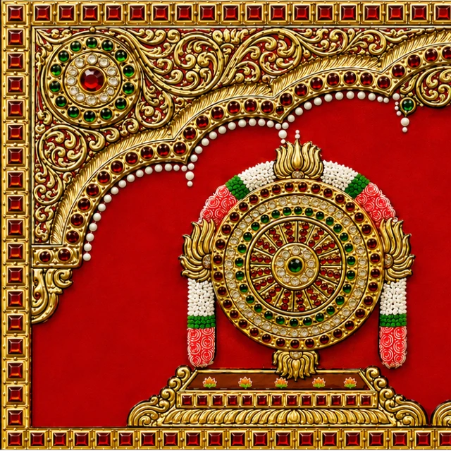 Teak wood frame-Tanjore style painting Balaji theme Shanku Chakra Namam - 12 x 5 Inches