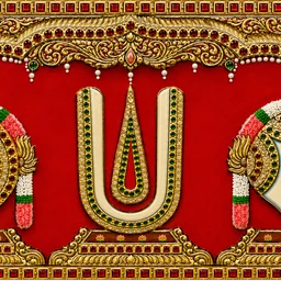 Teak wood frame-Tanjore style painting Balaji theme Shanku Chakra Namam - 12 x 5 Inches
