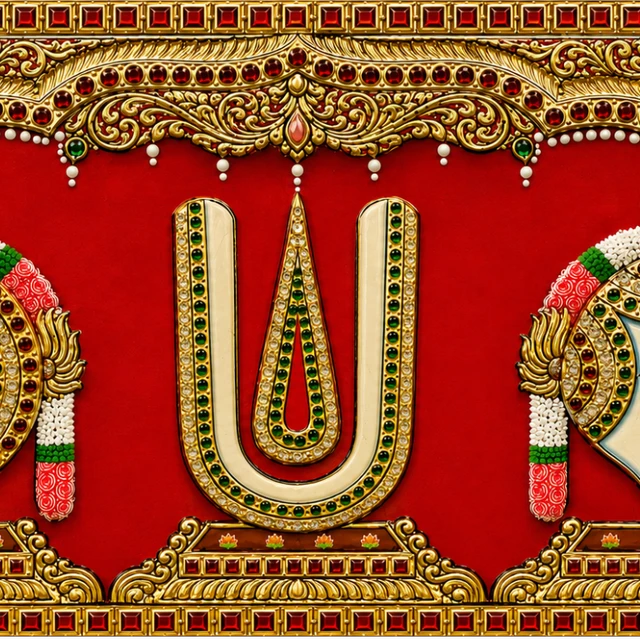 Teak wood frame-Tanjore style painting Balaji theme Shanku Chakra Namam - 12 x 5 Inches