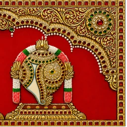 Teak wood frame-Tanjore style painting Balaji theme Shanku Chakra Namam - 12 x 5 Inches