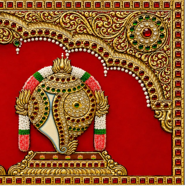 Teak wood frame-Tanjore style painting Balaji theme Shanku Chakra Namam - 12 x 5 Inches