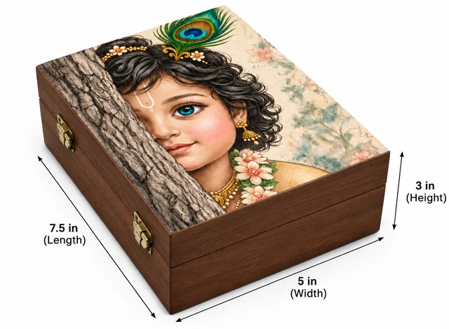 Pinewood Walnut finish Lock box with Krishna Print
