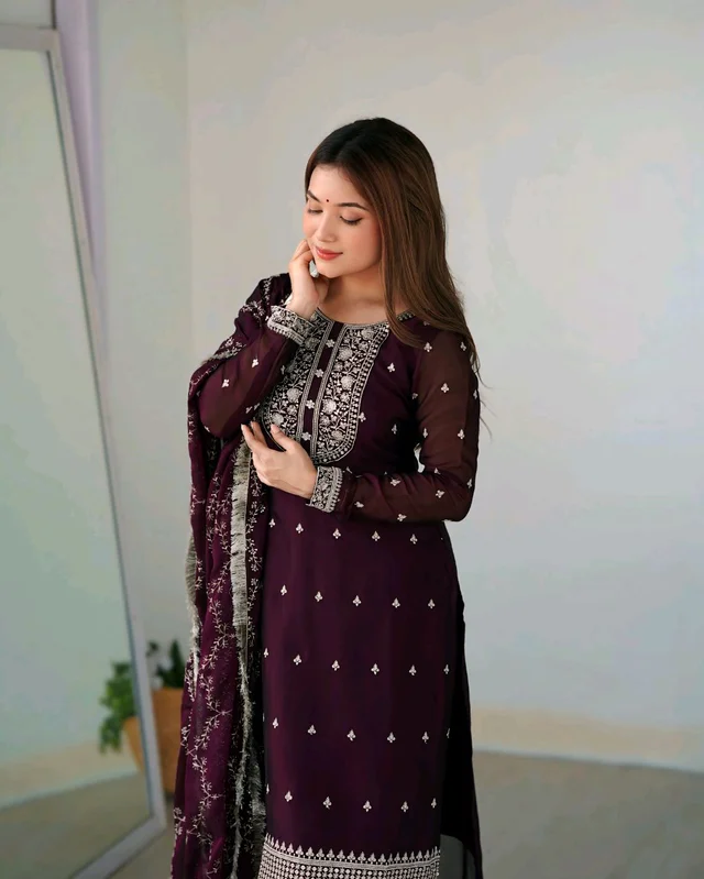 Traditional Kurta Set - wine, L-40