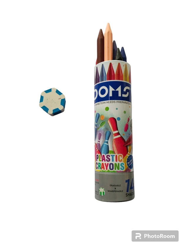 Doms Non-Toxic Extra Long Plastic Crayon Set in Metal Box With Free Eraser (14 Assorted Shades )