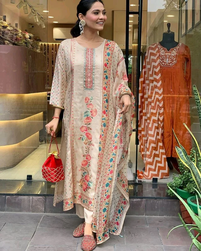 Elegant Satin Outfit with Silk Pant & Embroidered Dupatta – Multiprint & Stonework Design