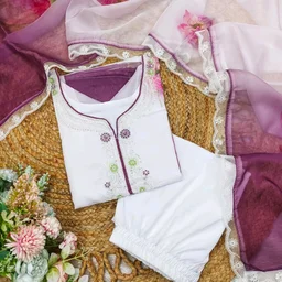 White Floral Kurti Set - White, XL (42)