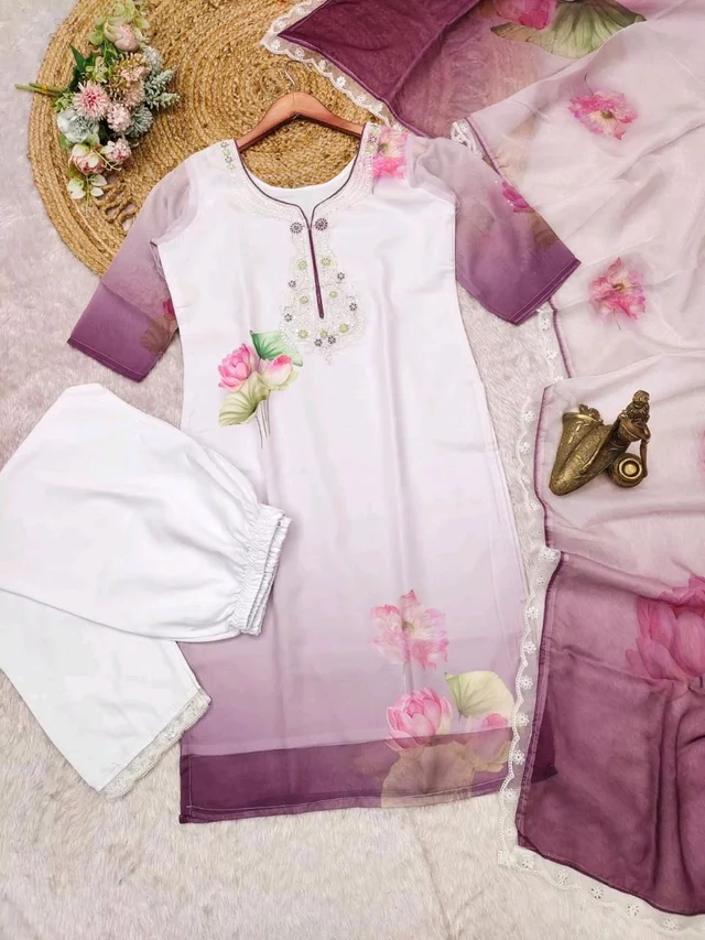 White Floral Kurti Set - White, XL (42)