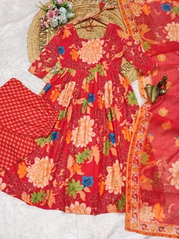 Red Floral Designer Kurti - XXL (44), Red