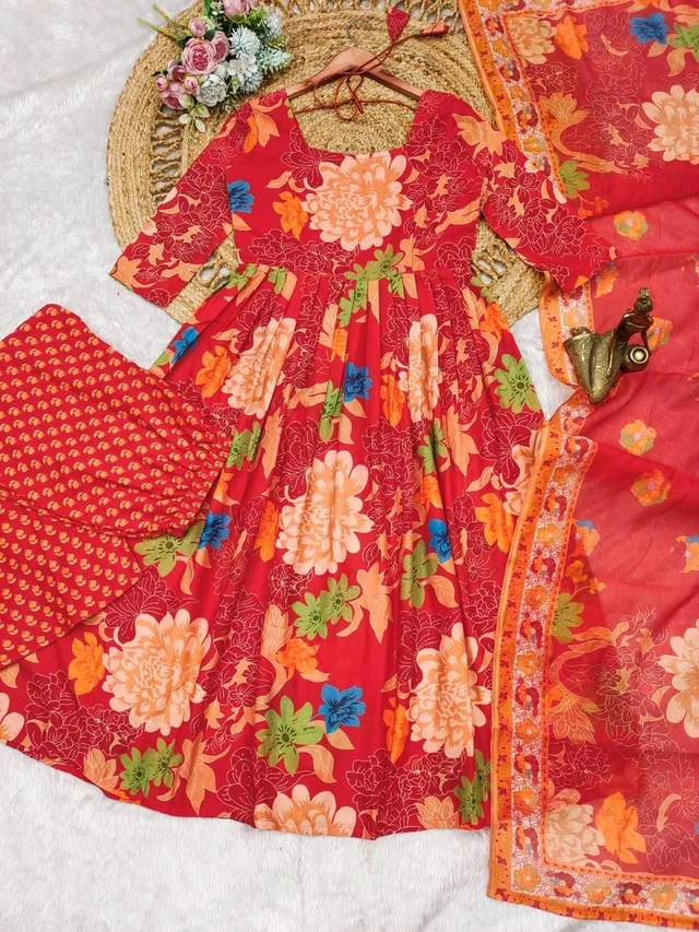 Red Floral Designer Kurti - XL (42), Red