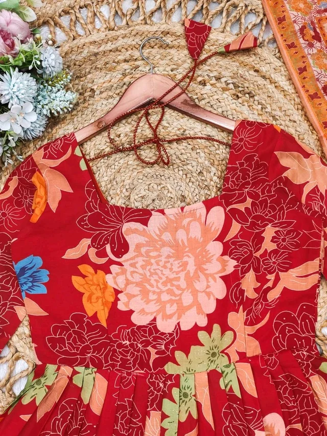Red Floral Designer Kurti - XL (42), Red
