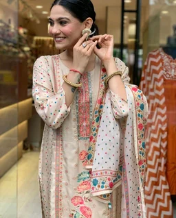 Elegant Satin Outfit with Silk Pant & Embroidered Dupatta – Multiprint & Stonework Design - L (40)