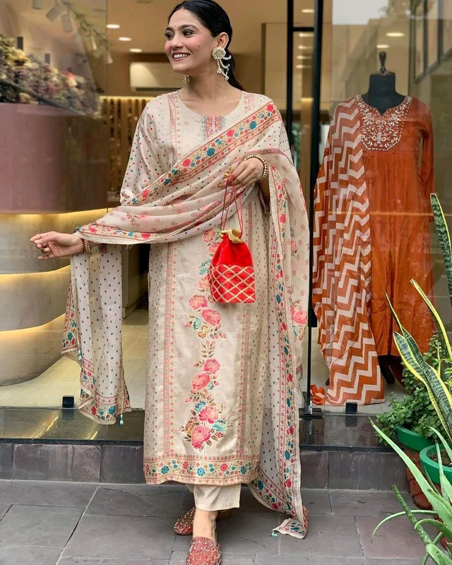 Elegant Satin Outfit with Silk Pant & Embroidered Dupatta – Multiprint & Stonework Design - L (40)