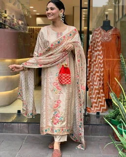 Elegant Satin Outfit with Silk Pant & Embroidered Dupatta – Multiprint & Stonework Design - L (40)