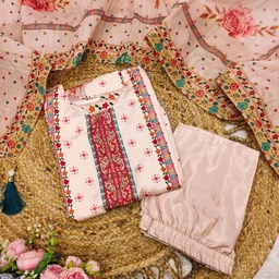 Elegant Satin Outfit with Silk Pant & Embroidered Dupatta – Multiprint & Stonework Design - L (40)