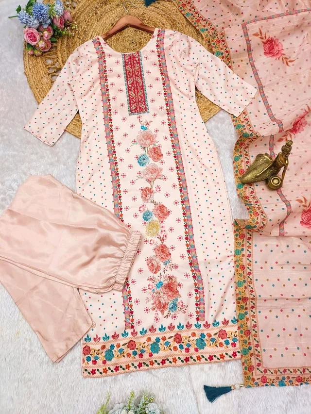Elegant Satin Outfit with Silk Pant & Embroidered Dupatta – Multiprint & Stonework Design - L (40)