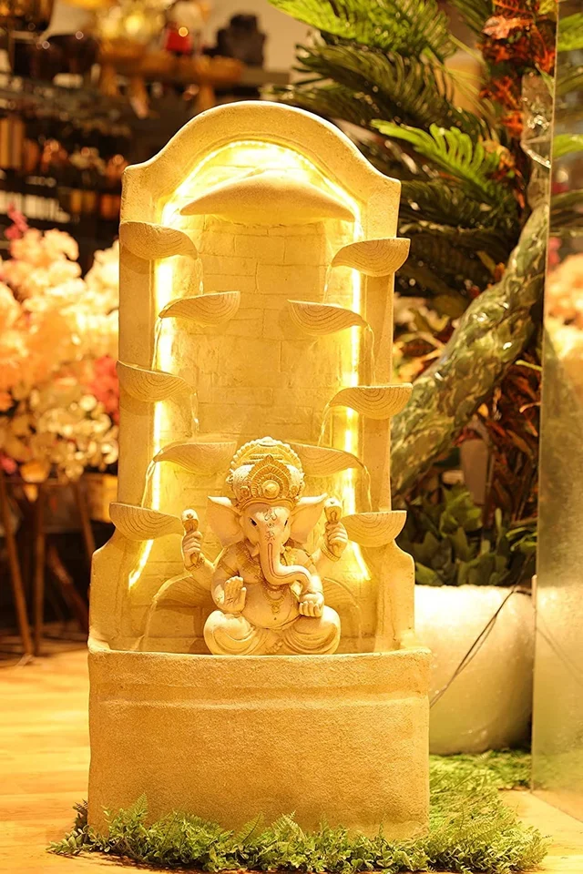 Craft Water Fountain 4ft Diya Ganesh Fiber Water Fountain for Living Room Home Decor Garden Patio Deck Porch with LED Lights Water Pump