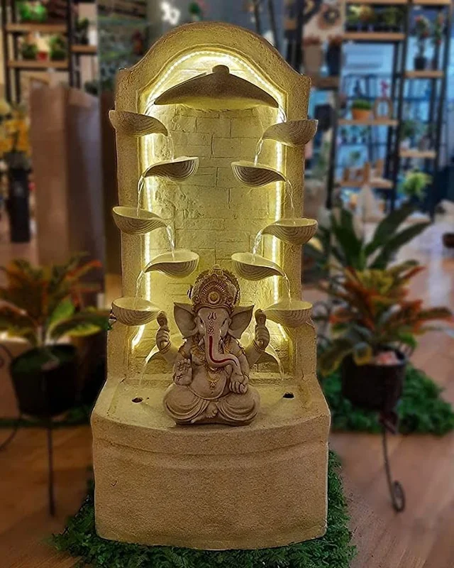 Craft Water Fountain 4ft Diya Ganesh Fiber Water Fountain for Living Room Home Decor Garden Patio Deck Porch with LED Lights Water Pump