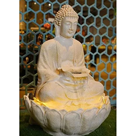 Water Fountain Fiber Buddha Water Fountain (Cream) with Light & Water Pump - 3Feet, Cream