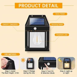 Solar Wall Bulb, Solar Wall Lamp, Tungsten Wall Light-Solar Wire Wall Light, Solar Tungsten Lamp,Motion Sensor Solar Lights Outdoor Waterproof Wall Mount,for Porch Patio Yard Garden Backyard