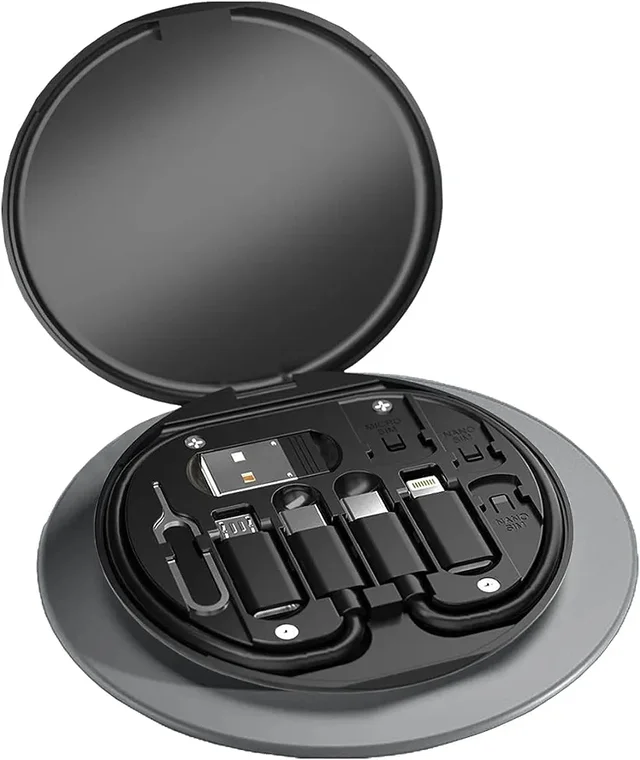 Multi-Functional Fast Charging Data Cable Set Type C Charging Card with Pin for Apple, Android, Round Storage Box, Compact and Portable USB Data Cable Storage Box Travel Cable Set - Black