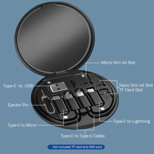 Multi-Functional Fast Charging Data Cable Set Type C Charging Card with Pin for Apple, Android, Round Storage Box, Compact and Portable USB Data Cable Storage Box Travel Cable Set - Black