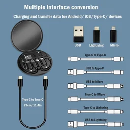 Multi-Functional Fast Charging Data Cable Set Type C Charging Card with Pin for Apple, Android, Round Storage Box, Compact and Portable USB Data Cable Storage Box Travel Cable Set - Black