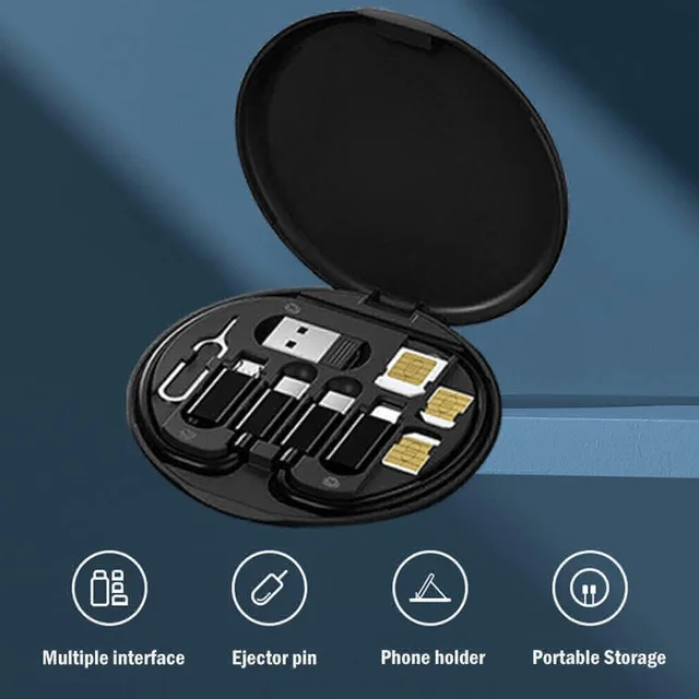 Multi-Functional Fast Charging Data Cable Set Type C Charging Card with Pin for Apple, Android, Round Storage Box, Compact and Portable USB Data Cable Storage Box Travel Cable Set - Black