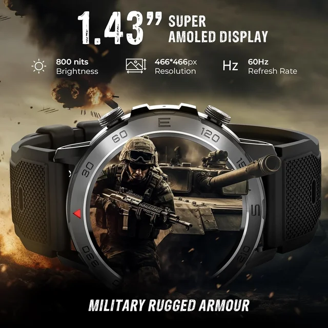 beatXP Super AMOLED Duke Rugged 1.43” Round Bluetooth Calling Smart Watch, Functional Crown - Standard, Army Green