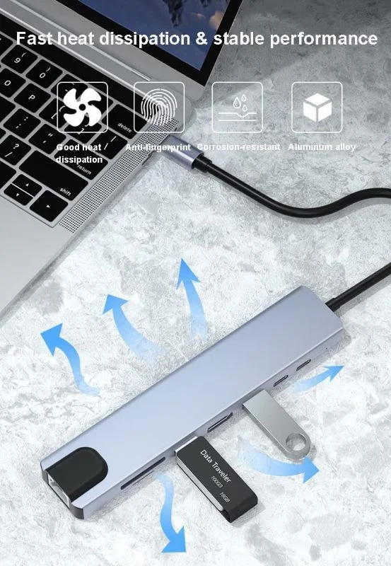 8 in 1 USB Hub - USB C 3.1 to HDTV 4K LAN Ethernet USB3.0 USB 2.0 TF SD Card Slot Reader Type C Charge Hub for MacBook/Samsung/Dell/USB C Devices