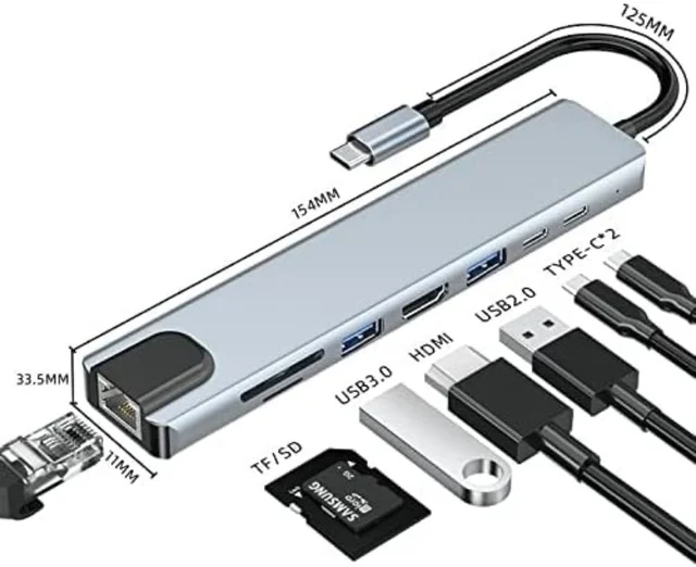 8 in 1 USB Hub - USB C 3.1 to HDTV 4K LAN Ethernet USB3.0 USB 2.0 TF SD Card Slot Reader Type C Charge Hub for MacBook/Samsung/Dell/USB C Devices