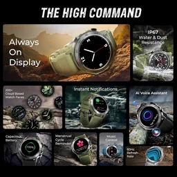 beatXP Super AMOLED Duke Rugged 1.43” Round Bluetooth Calling Smart Watch, Functional Crown - Standard, Army Green