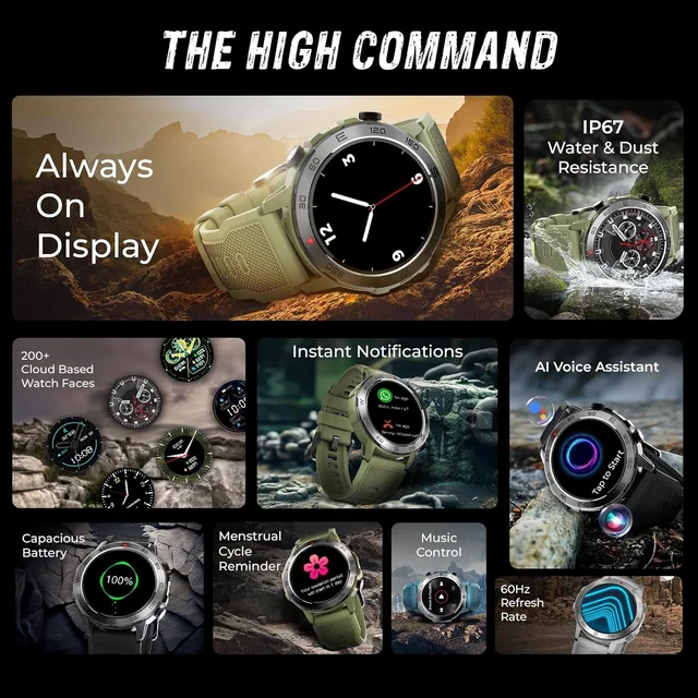 beatXP Super AMOLED Duke Rugged 1.43” Round Bluetooth Calling Smart Watch, Functional Crown - Standard, Army Green